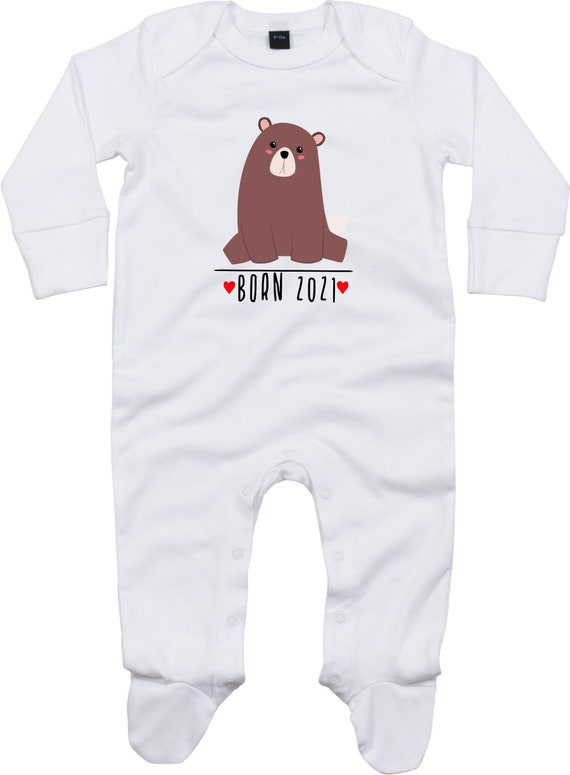 Kleckerliese Baby Schlafanzug "Born 2021 Tiermotiv Bär" Sleepsuit Langarm Jungen Mädchen Einteiler Strampler