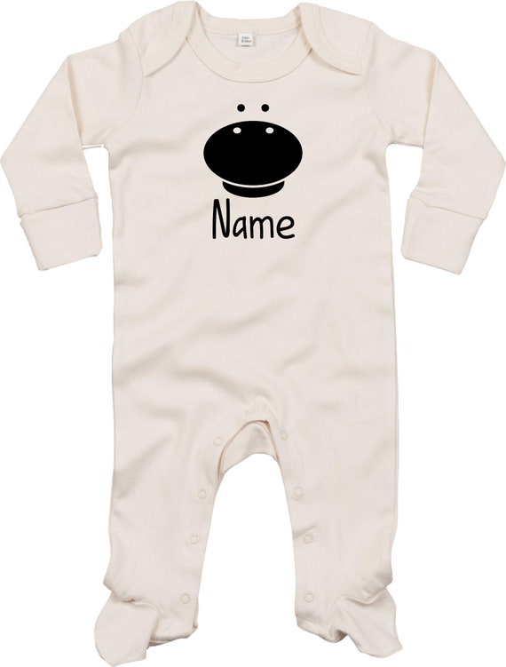 Kleckerliese Baby Schlafanzug mit Wunschnamen "Tiere Kuh Kälbchen Wunschname" Sleepsuit Langarm Jungen Mädchen Einteiler Strampler