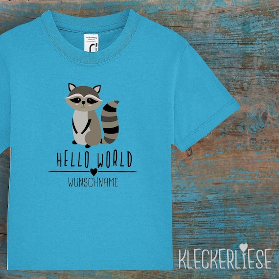 Kinder Baby Shirt mit Wunschname Kleinkind "Hello World Waschbär Wunschname" T-Shirt Jungen Mädchen