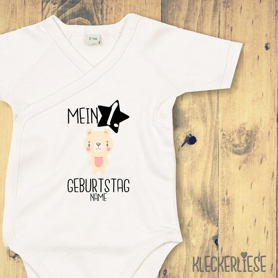 Wickelbody mit Wunschtext "Mein 1. Geburtstag Eisbär mit Wunschname" Babybody Strampler Wickelbody Organic Kimono Kurzarm Baby Body