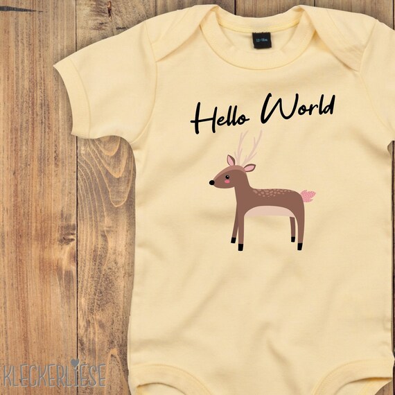 Baby Body "Hello World Reh" Babybody Strampler Jungen Mädchen Kurzarm