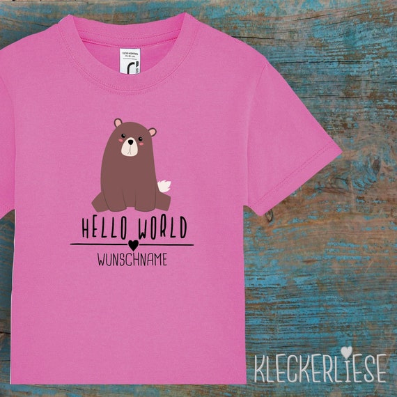 Kinder Baby Shirt mit Wunschname Kleinkind "Hello World Bär Wunschname" T-Shirt Jungen Mädchen