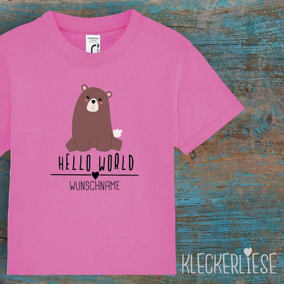 Kinder Baby Shirt mit Wunschname Kleinkind "Hello World Bär Wunschname" T-Shirt Jungen Mädchen