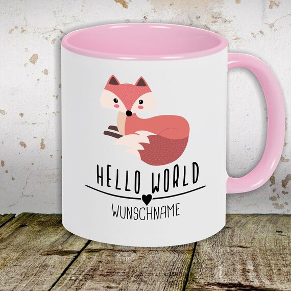 Kaffeetasse mit Wunschnamen Tasse Motiv "Hello World Fuchs Wunschname" Tasse Teetasse Milch Kakao