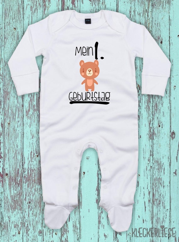 Kleckerliese Baby Schlafanzug "Mein 1. Geburtstag Bär" Sleepsuit Langarm Jungen Mädchen Einteiler Strampler