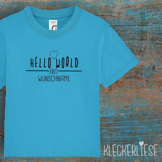 Kinder Baby Shirt mit Wunschname Kleinkind "Hello World 2021 Wunschname" T-Shirt Jungen Mädchen