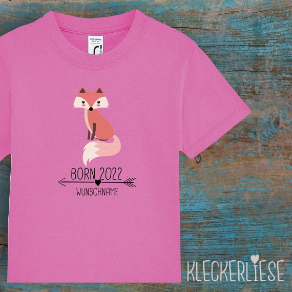 Kinder Baby Shirt mit Wunschname Kleinkind "Born 2022 Tiermotiv Pfeil Wunschname Name Text Fuchs" T-Shirt Jungen Mädchen