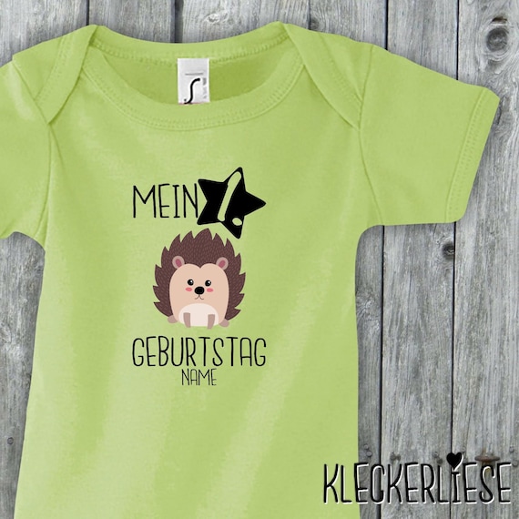 Baby Body mit Wunschname "Mein 1. Geburtstag Igel mit Wunschname" Babybody Strampler Jungen Mädchen