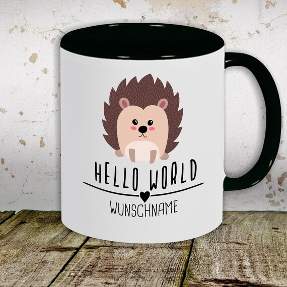 Kaffeetasse mit Wunschnamen Tasse Motiv "Hello World Igel Wunschname" Tasse Teetasse Milch Kakao