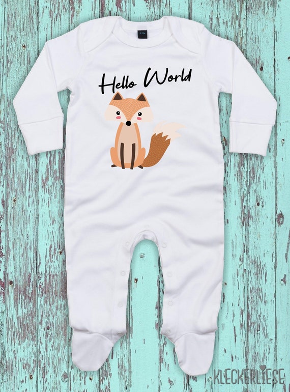 Kleckerliese Baby Schlafanzug "Hello World Fuchs" Sleepsuit Langarm Jungen Mädchen Einteiler Strampler