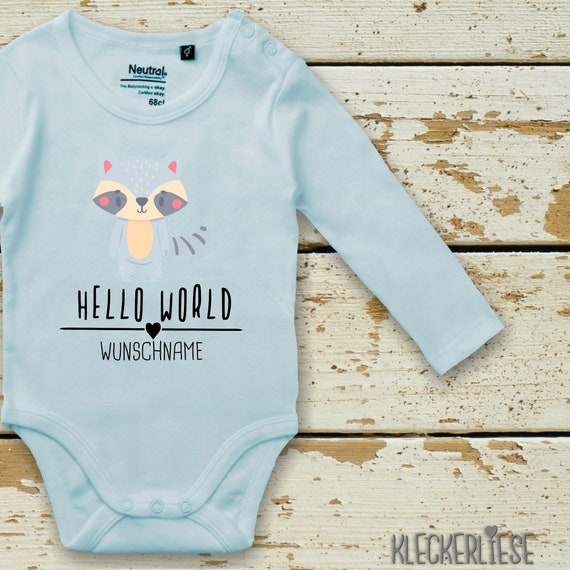 Langarm Body mit Wunschname Babybody "Hello World Waschbär Wunschname" Fair Wear Bio Organic