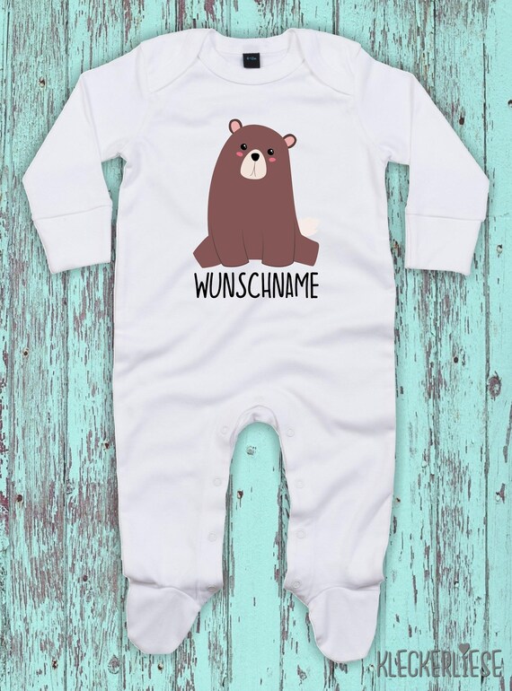 Kleckerliese Baby Schlafanzug mit Wunschnamen "Wunschname Bär" Sleepsuit Langarm Jungen Mädchen Einteiler Strampler