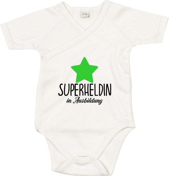 kleckerliese Wickel Baby Body "Superheldin in Ausbildung" Babybody Strampler Wickelbody Organic Kimono Kurzarm