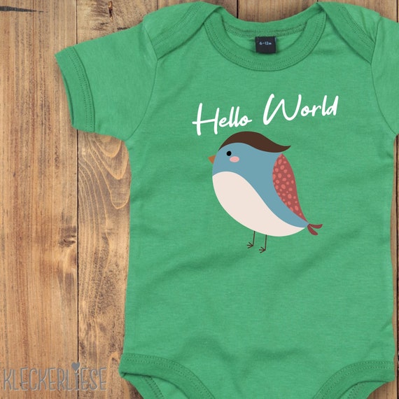 Baby Body mit Wunschtext "Hello World Vogel" Babybody Strampler Jungen Mädchen Kurzarm