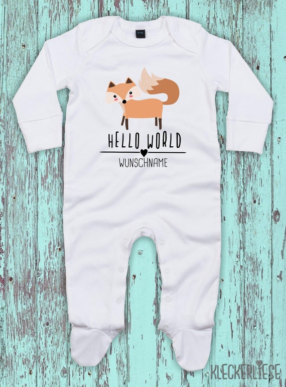 Baby Schlafanzug mit Wunschtext "Hello World Fuchs Wunschname" Sleepsuit Langarm Jungen Mädchen Einteiler Strampler