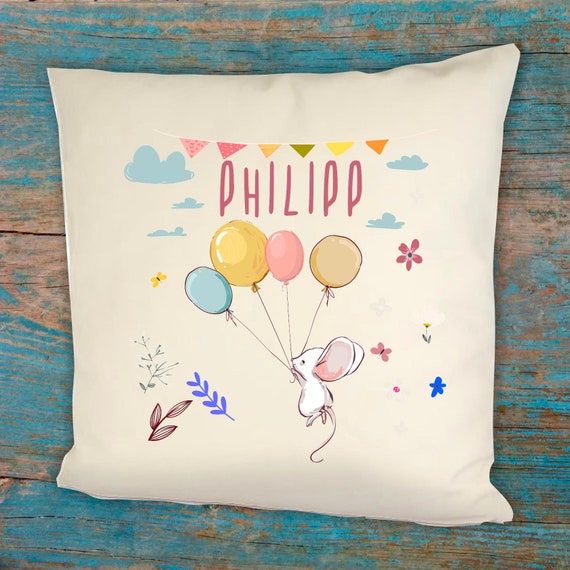 personalisierbarer Kissen Bezug Motiv Maus mit Wunschname, Geburts Daten Kissenhülle Bezug Ballon Tiere Namenskissen Taufe