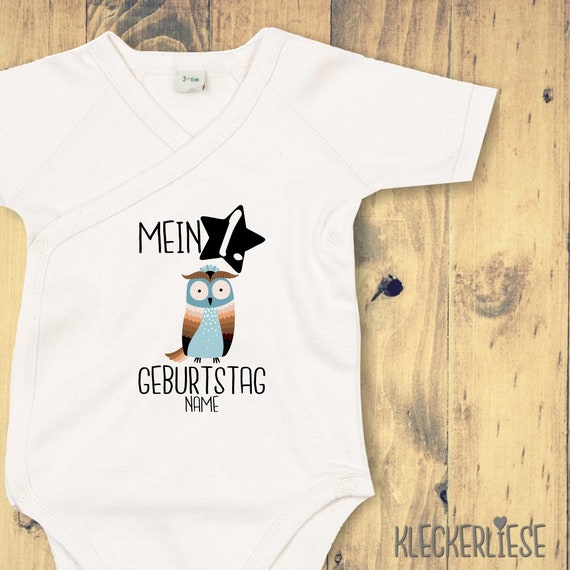 Wickelbody mit Wunschtext "Mein 1. Geburtstag Eule mit Wunschname" Babybody Strampler Wickelbody Organic Kimono Kurzarm Baby Body