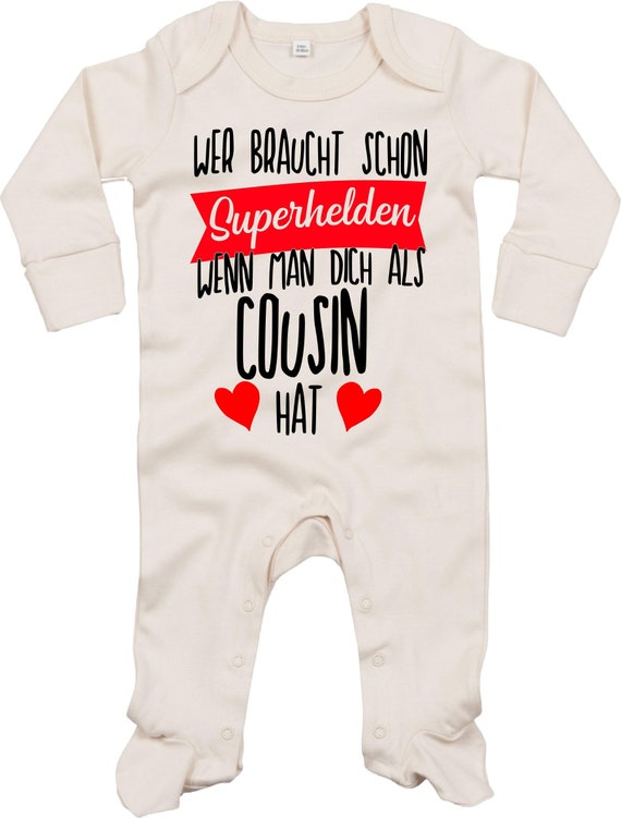 Kleckerliese Baby Schlafanzug "Wer braucht schon Superhelden wenn man Dich als COUSIN hat" Sleepsuit Langarm Jungen Mädchen Einteiler