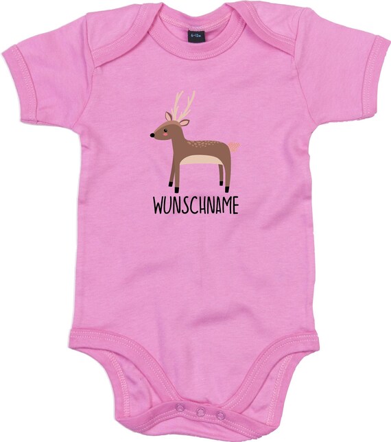 kleckerliese Baby Body "Wunschname Reh" Babybody Strampler Jungen Mädchen Kurzarm