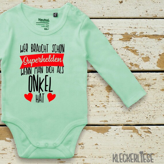 Long-sleeved bodysuit baby bodysuit "Who needs superheroes when they have you as an uncle" with desired name Fair Wear Bio Organic