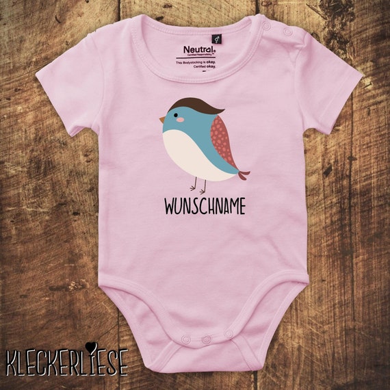 kleckerliese Babybody Body "Wunschname Vogel" Fair Wear