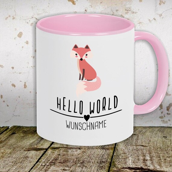 Kaffeetasse mit Wunschnamen Tasse Motiv "Hello World Fuchs Wunschname" Tasse Teetasse Milch Kakao