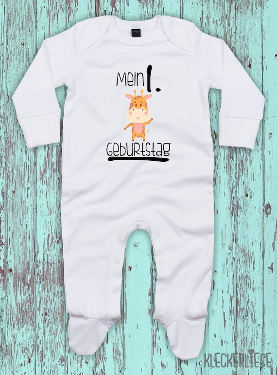 Kleckerliese Baby Schlafanzug "Mein 1. Geburtstag Giraffe" Sleepsuit Langarm Jungen Mädchen Einteiler Strampler