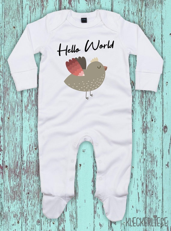 Kleckerliese Baby Schlafanzug "Hello World Vogel" Sleepsuit Langarm Jungen Mädchen Einteiler Strampler