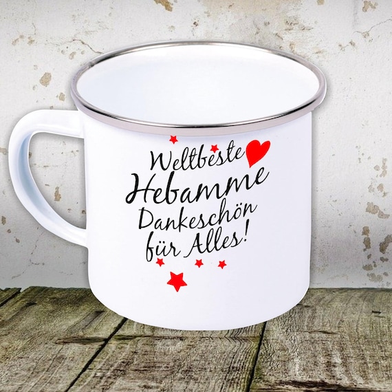 kleckerliese Emaille Kindertasse Teetasse Tasse "Weltbeste Hebamme Dankeschön für alles!" Camping Zelten Retro Becher