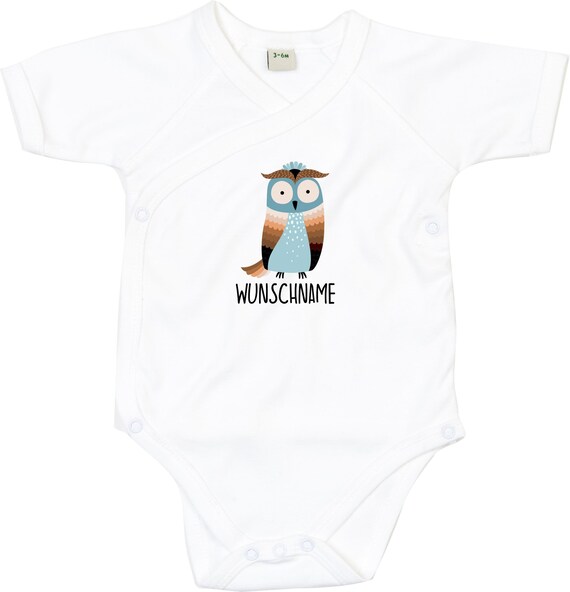 kleckerliese Wickel Baby Body "Wunschname Eule" Babybody Strampler Wickelbody Organic Kimono Kurzarm