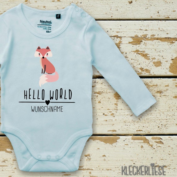 Langarm Body mit Wunschname Babybody "Hello World Fuchs Wunschname" Fair Wear Bio Organic