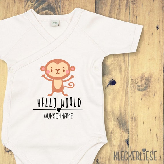 Wickelbody mit Wunschtext "Hello World Affe Wunschname" Babybody Strampler Wickelbody Organic Kimono Kurzarm Baby Body