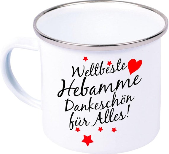 kleckerliese Emaille Kindertasse Teetasse Tasse "Weltbeste Hebamme Dankeschön für alles!" Camping Zelten Retro Becher