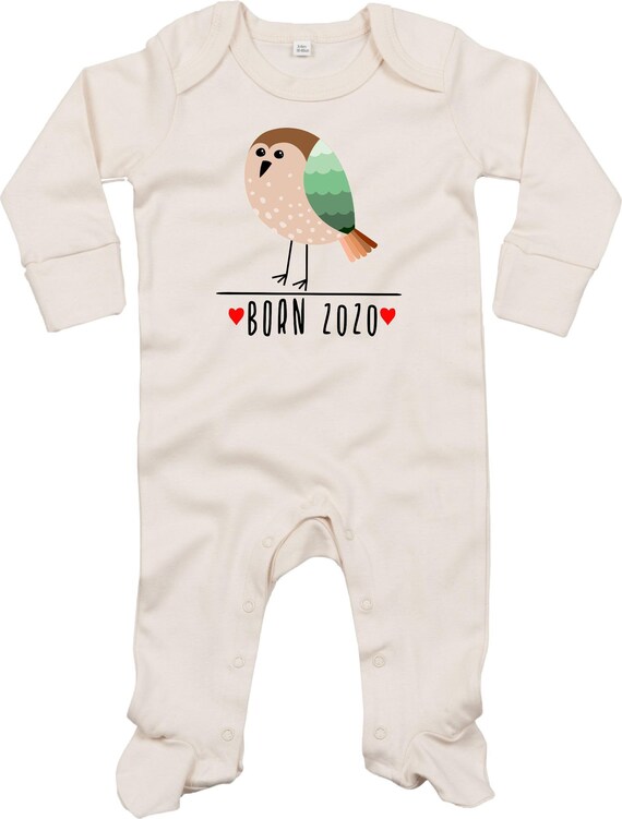 Kleckerliese Baby Schlafanzug "Born 2020 Tiermotiv Vogel" Sleepsuit Langarm Jungen Mädchen Einteiler Strampler