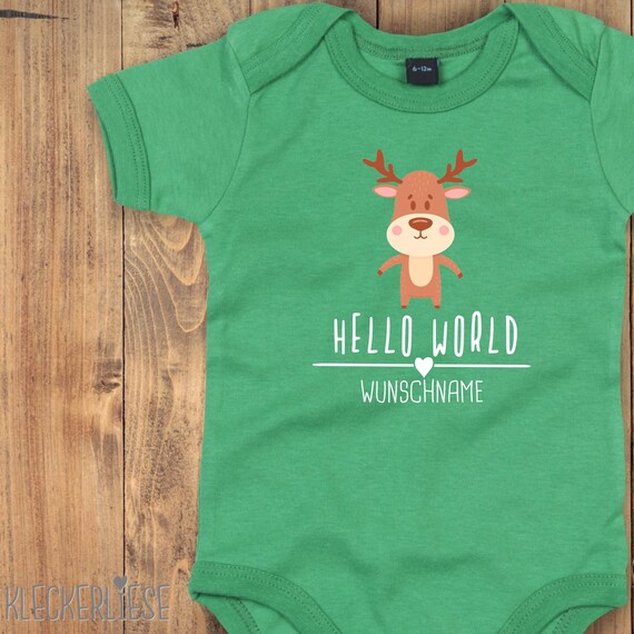 Baby Body mit Wunschtext "Hello World Elch Wunschname" Babybody Strampler Jungen Mädchen Kurzarm