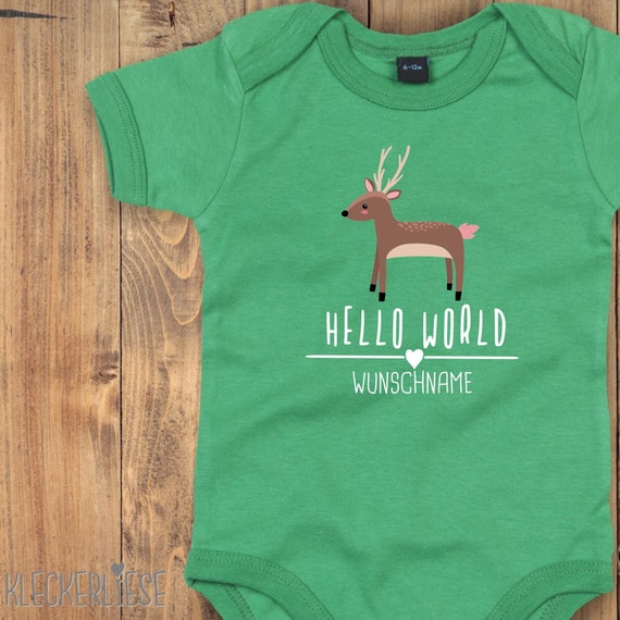 Baby Body mit Wunschtext "Hello World Reh Wunschname" Babybody Strampler Jungen Mädchen Kurzarm