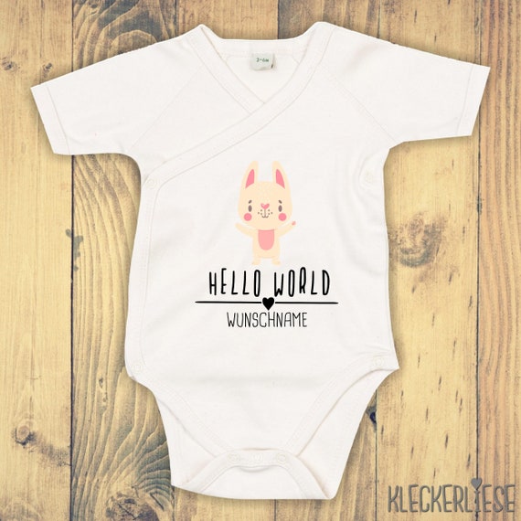 Wickelbody mit Wunschtext "Hello World Hase Wunschname" Babybody Strampler Wickelbody Organic Kimono Kurzarm Baby Body