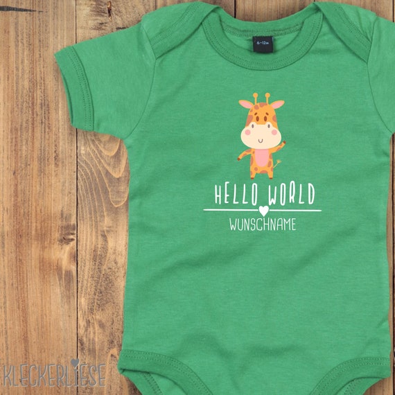Baby Body mit Wunschtext "Hello World Giraffe Wunschname" Babybody Strampler Jungen Mädchen Kurzarm