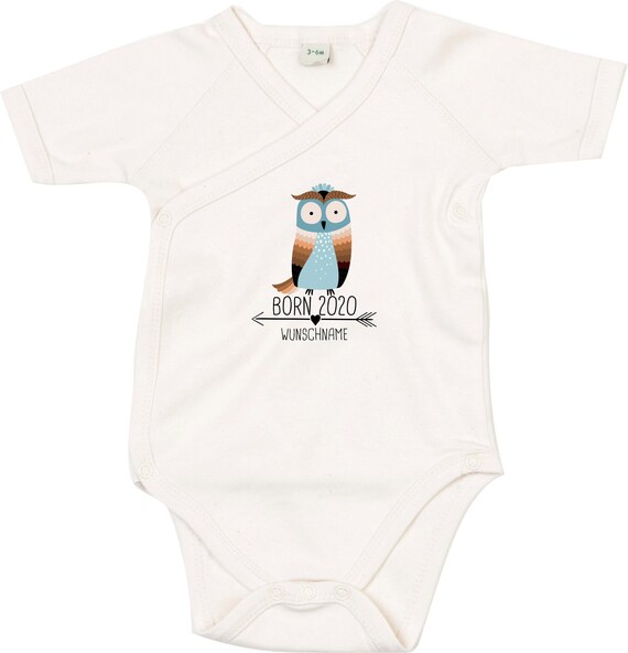 kleckerliese Wickel Baby Body "Born 2020 2021 2022 Tiermotiv Wunschname Name Text Eule" Babybody Strampler Wickelbody Organic Kimono Kurzarm