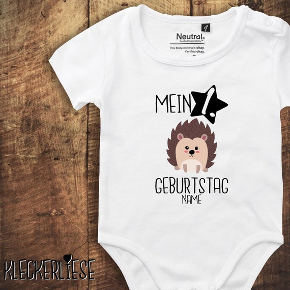 kleckerliese Babybody Body mit Wunschname "Mein 1. Geburtstag Igel mit Wunschname" Fair Wear, Bio, Organic Baby Jungen Mädchen