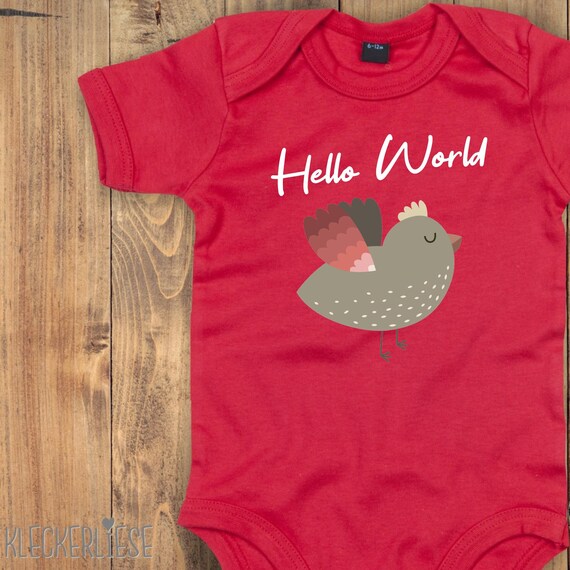 Baby Body "Hello World Vogel" Babybody Strampler Jungen Mädchen Kurzarm
