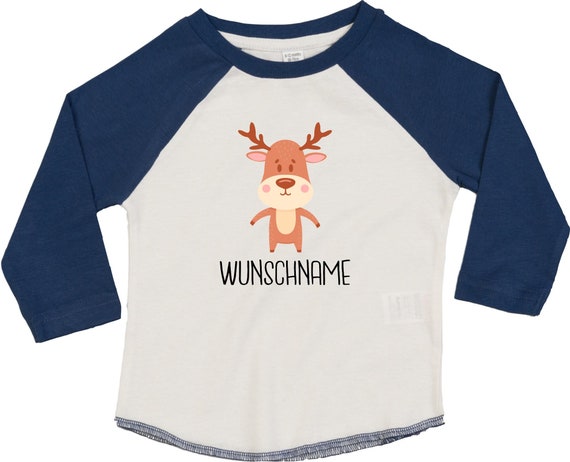 Kleckerliese Baby Kinder T-Shirt mit Wunschnamen Langarmshirt  "Tiermotiv mit Wunschnamen Elch Reh Hirsch" Raglan-Ärmel Jungen Mädchen