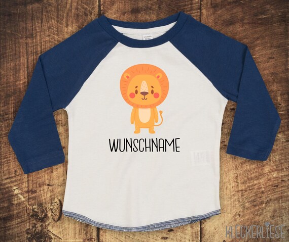 Kleckerliese Baby Kinder T-Shirt mit Wunschnamen Langarmshirt  "Tiermotiv mit Wunschnamen Löwe" Raglan-Ärmel Jungen Mädchen