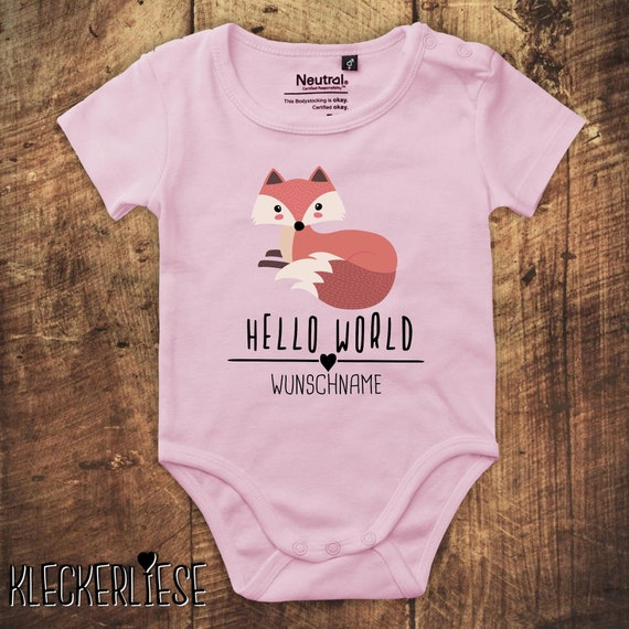 kleckerliese Babybody Body mit Wunschname "Hello World Fuchs Wunschname" Fair Wear, Bio, Organic Baby Jungen Mädchen