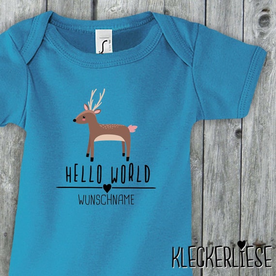 Baby Body mit Wunschname "Hello World Reh Wunschname" Babybody Strampler Jungen Mädchen
