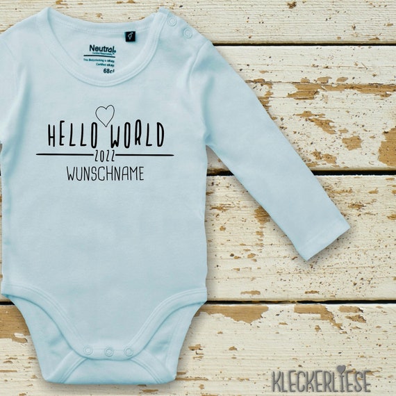 Long Sleeve Body with Desired Name Babybody "Hello World 2022 Wish Name" Fair Wear Organic Organic