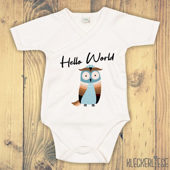 kleckerliese Wickel Baby Body "Hello World Eule" Babybody Strampler Wickelbody Organic Kimono Kurzarm