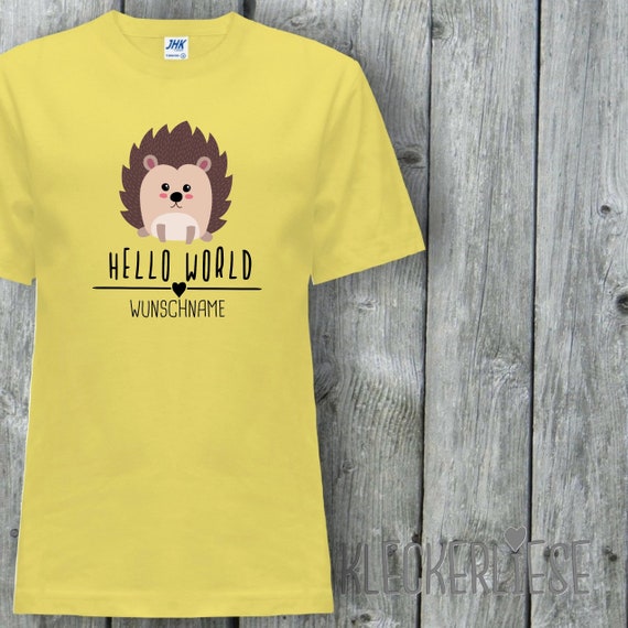 Kinder T-Shirt mit Wunschname "Hello World Igel Wunschname" Shirt Jungen Mädchen Baby Kind