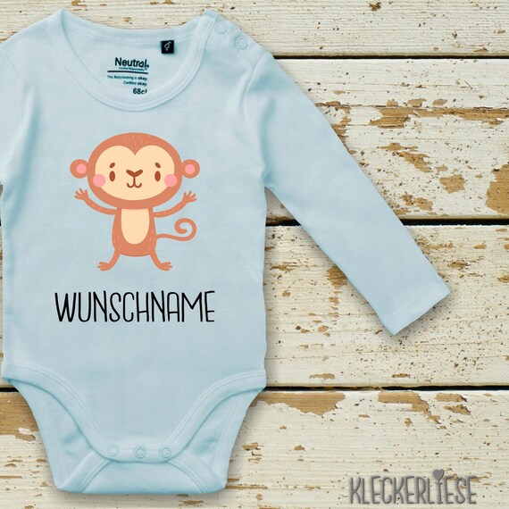 Langarm Body mit Wunschname Babybody "Tiermotiv mit Wunschnamen Affe" Fair Wear Bio Organic