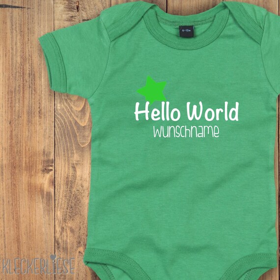 Baby Body mit Wunschtext "Hello World Stern Wunschname" Babybody Strampler Jungen Mädchen Kurzarm